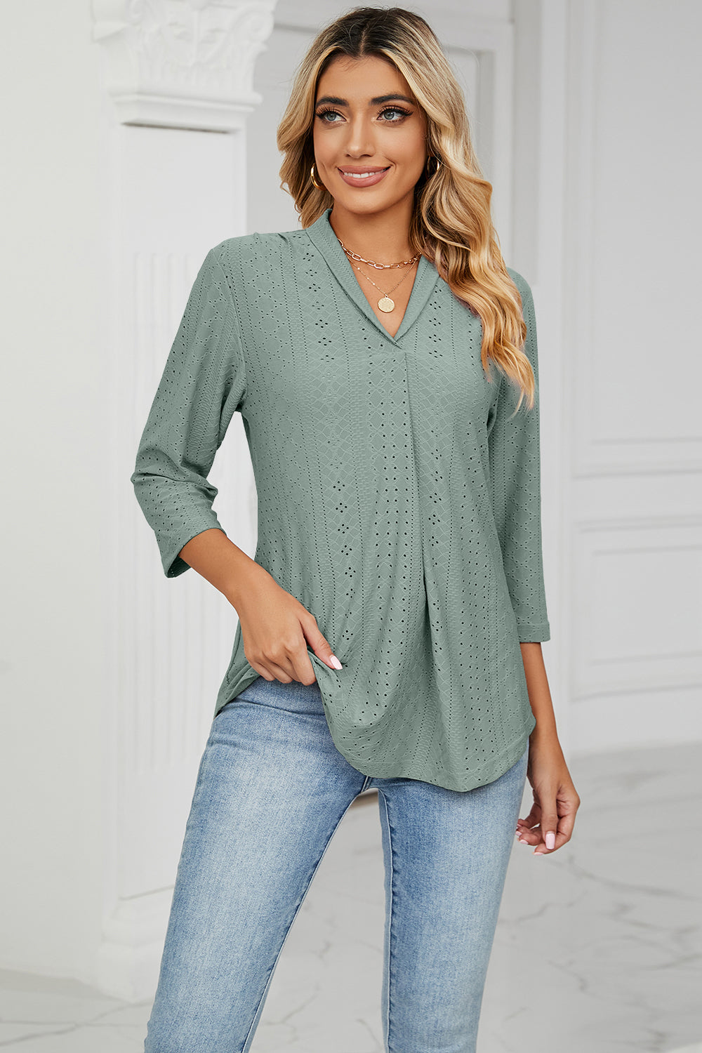 Eyelet Three-Quarter Sleeve Blouse - In Style Chics Boutique LLC