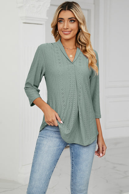 Eyelet Three-Quarter Sleeve Blouse - In Style Chics Boutique LLC