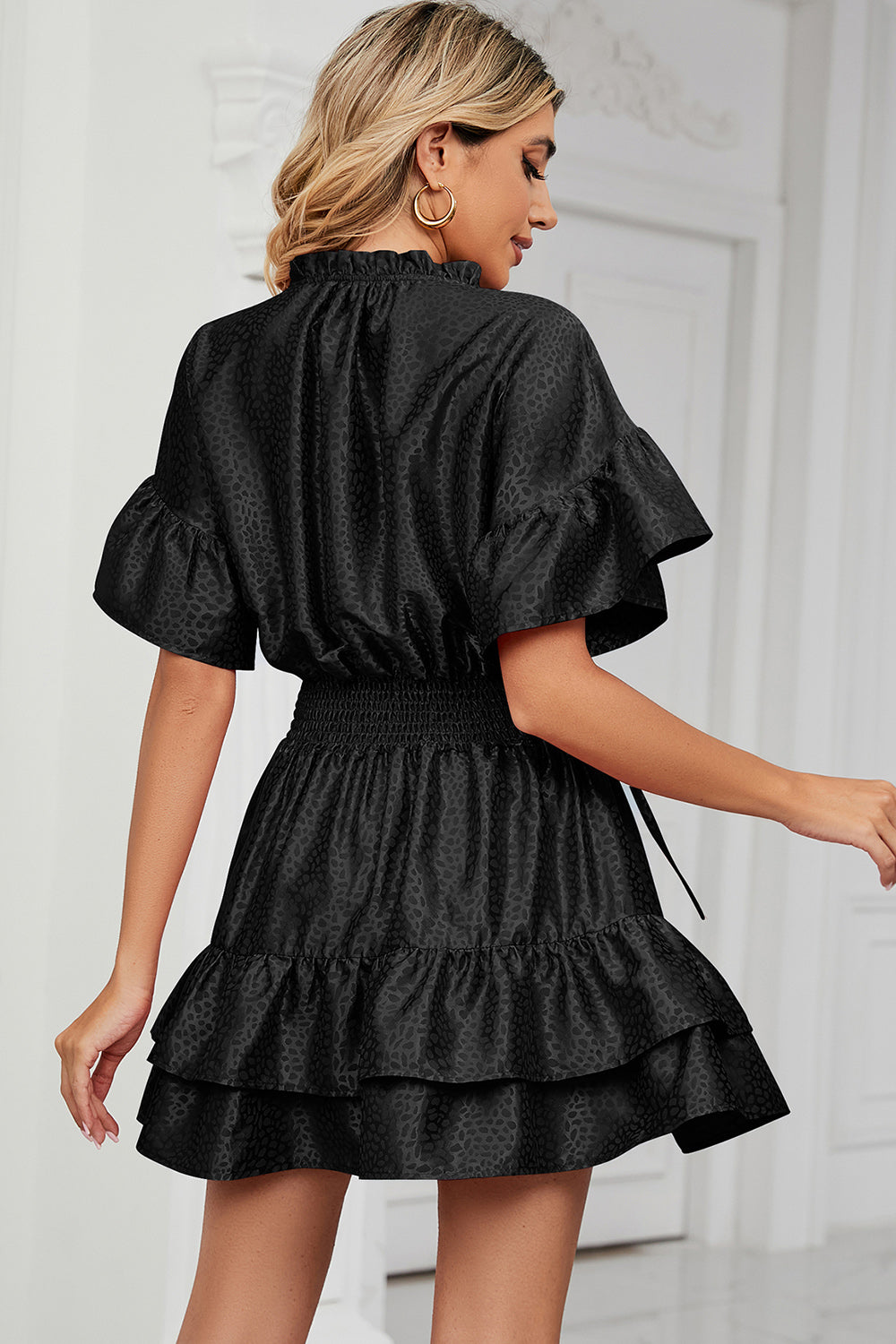 Smocked Tie Neck Flounce Sleeve Dress - In Style Chics Boutique LLC