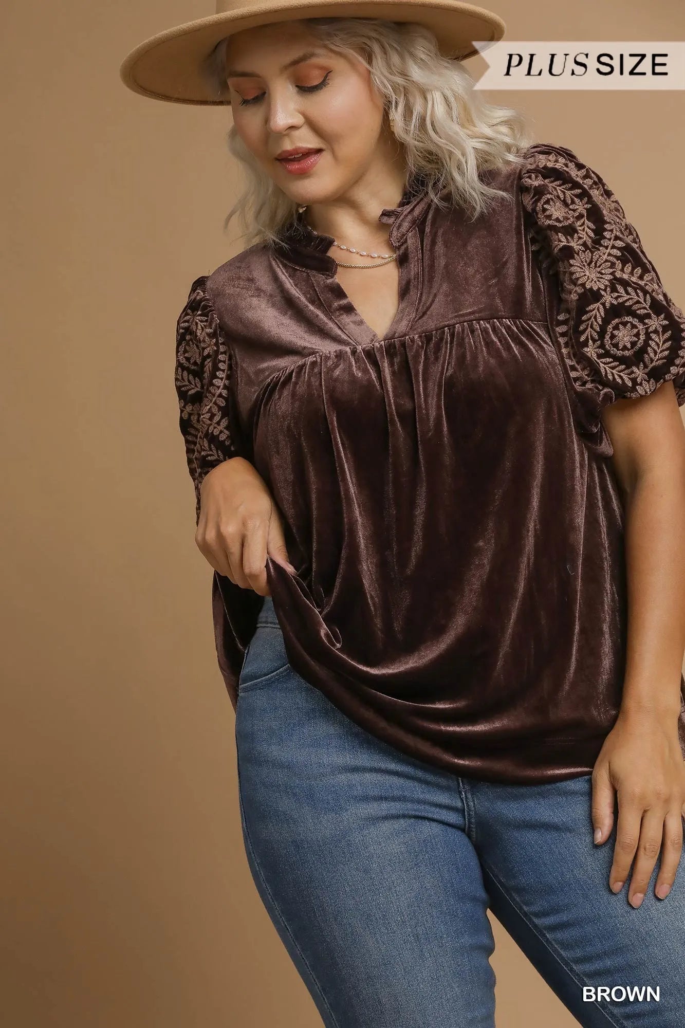 Velvet Embroidered Sleeve Blouse at In Style Chics Boutique 