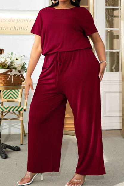 Plus Size Drawstring Waist Short Sleeve Jumpsuit - In Style Chics Boutique LLC