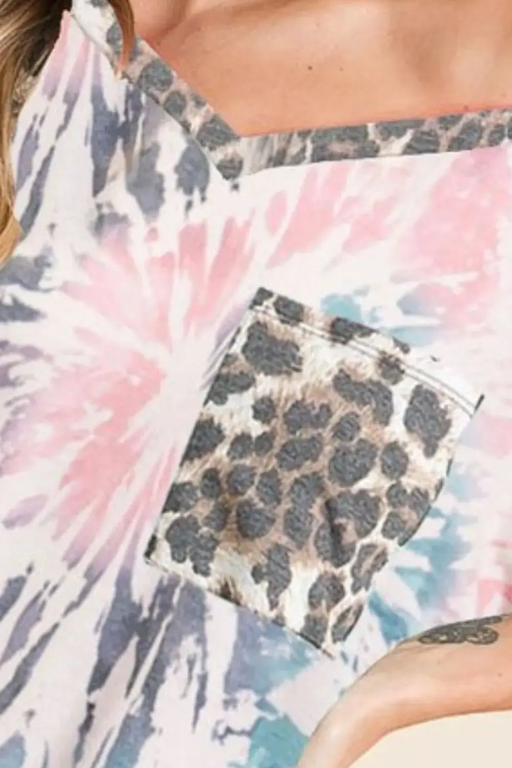 Tie Dye Print V Neck Top with Front Patch Pocket - In Style Chics Boutique 