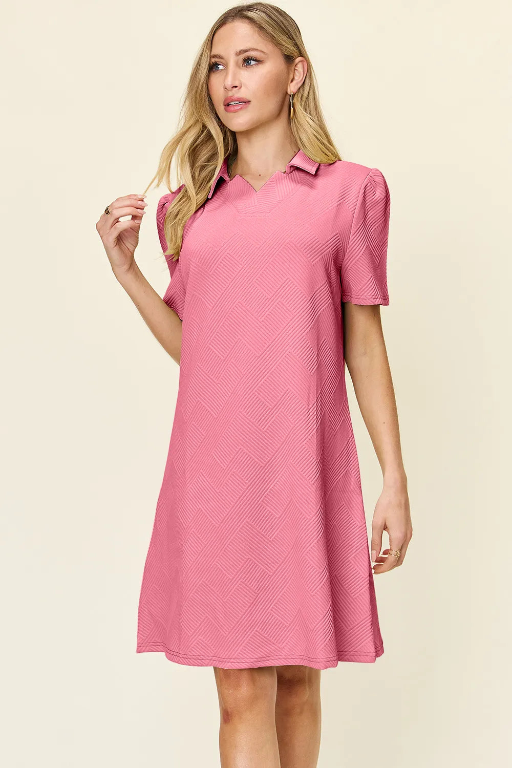 Short Sleeve Dress, Textured Collared Neck - In Style Chics Boutique Women's Juniors Plus Size Clothes 