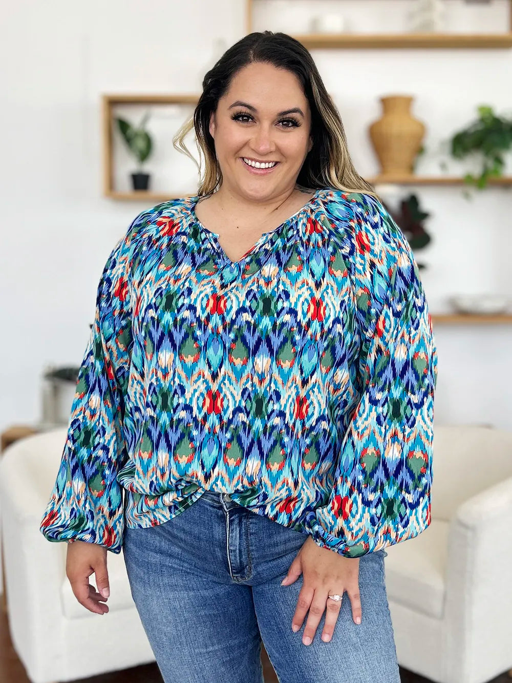Plus Size Printed Balloon Sleeve Blouse at In Style Chics Boutique 🤍