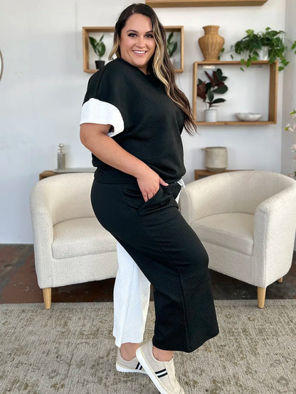 Textured Contrast T-Shirt and Wide Leg Pants Set - In Style Chics Boutique Women's Clothes 