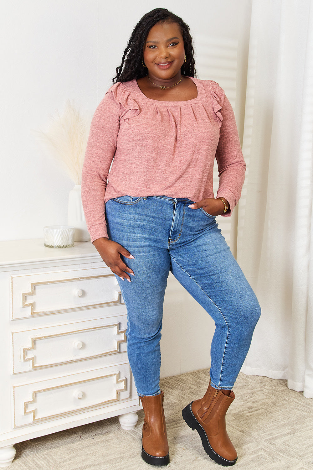 Square Neck Ruffle Shoulder Long Sleeve T-Shirt Shop Deals at In Style Chics Boutique 