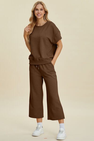 Textured Round Neck Top and Pants Set - In Style Chics Boutique Women's Juniors Plus Size Apparel Online 