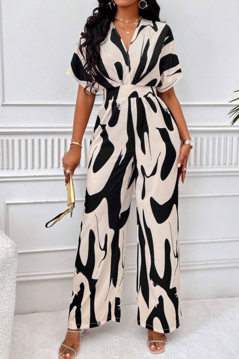 Printed V-Neck Short Sleeve Wide Leg Jumpsuit - In Style Chics Boutique LLC