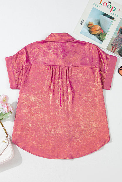Rose Red Metallic Sheen Short Sleeve Buttoned Front Shirt - Cute Clothes In Style Chics Boutique Online Clothing Women's Juniors Free Shipping 