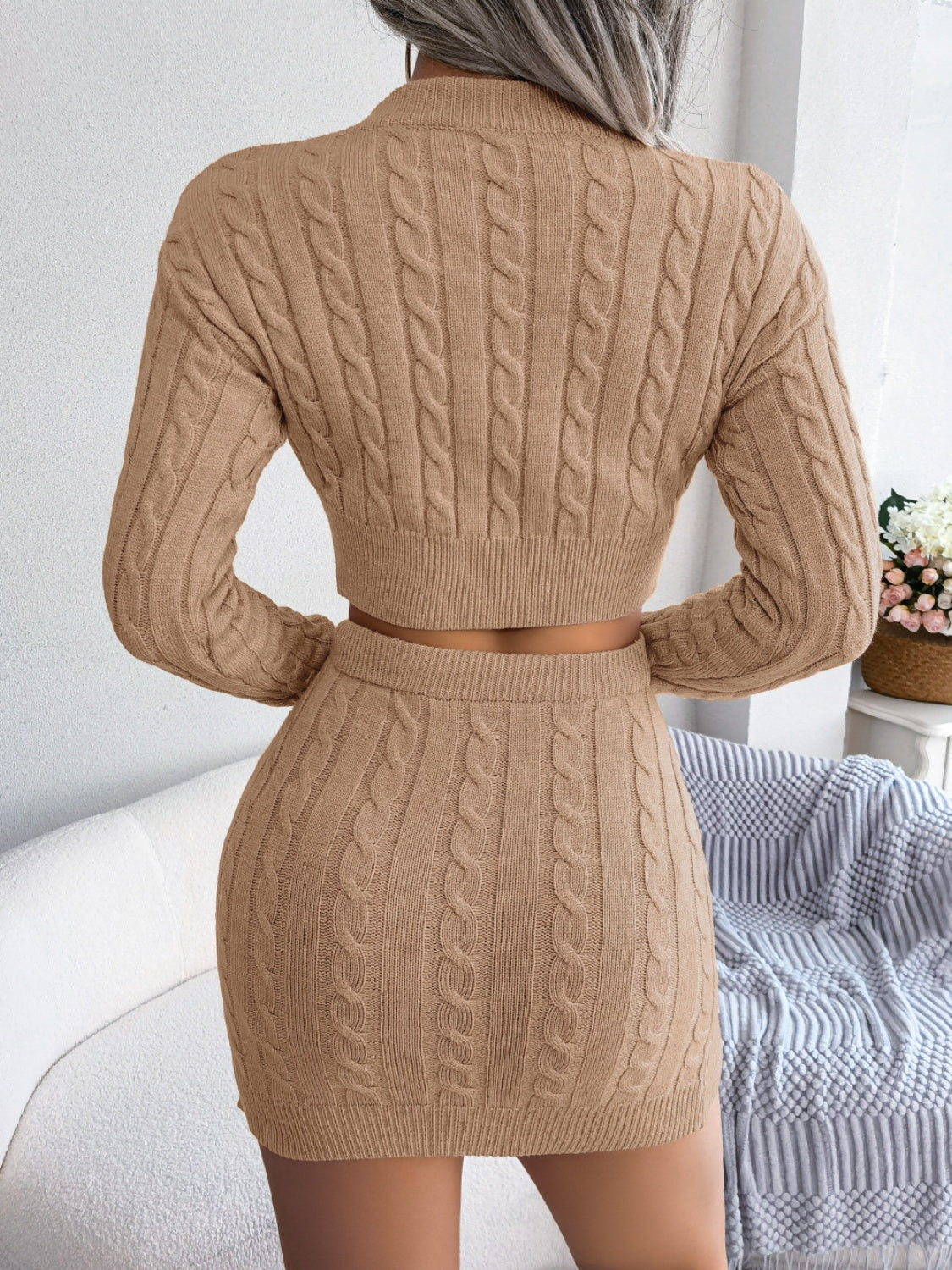 Cable-Knit Round Neck Top and Skirt Sweater Set - In Style Chics Boutique LLC