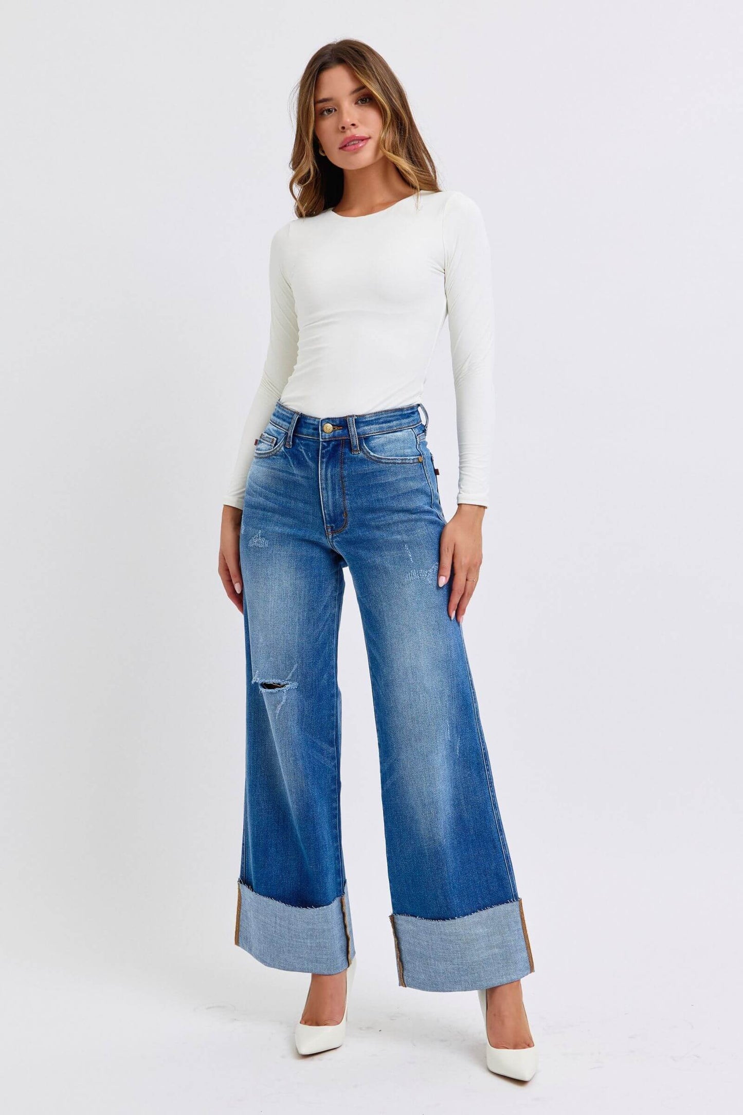 Judy Blue Full Size Distressed High Waist Wide Leg Jeans - In Style Chics Boutique LLC