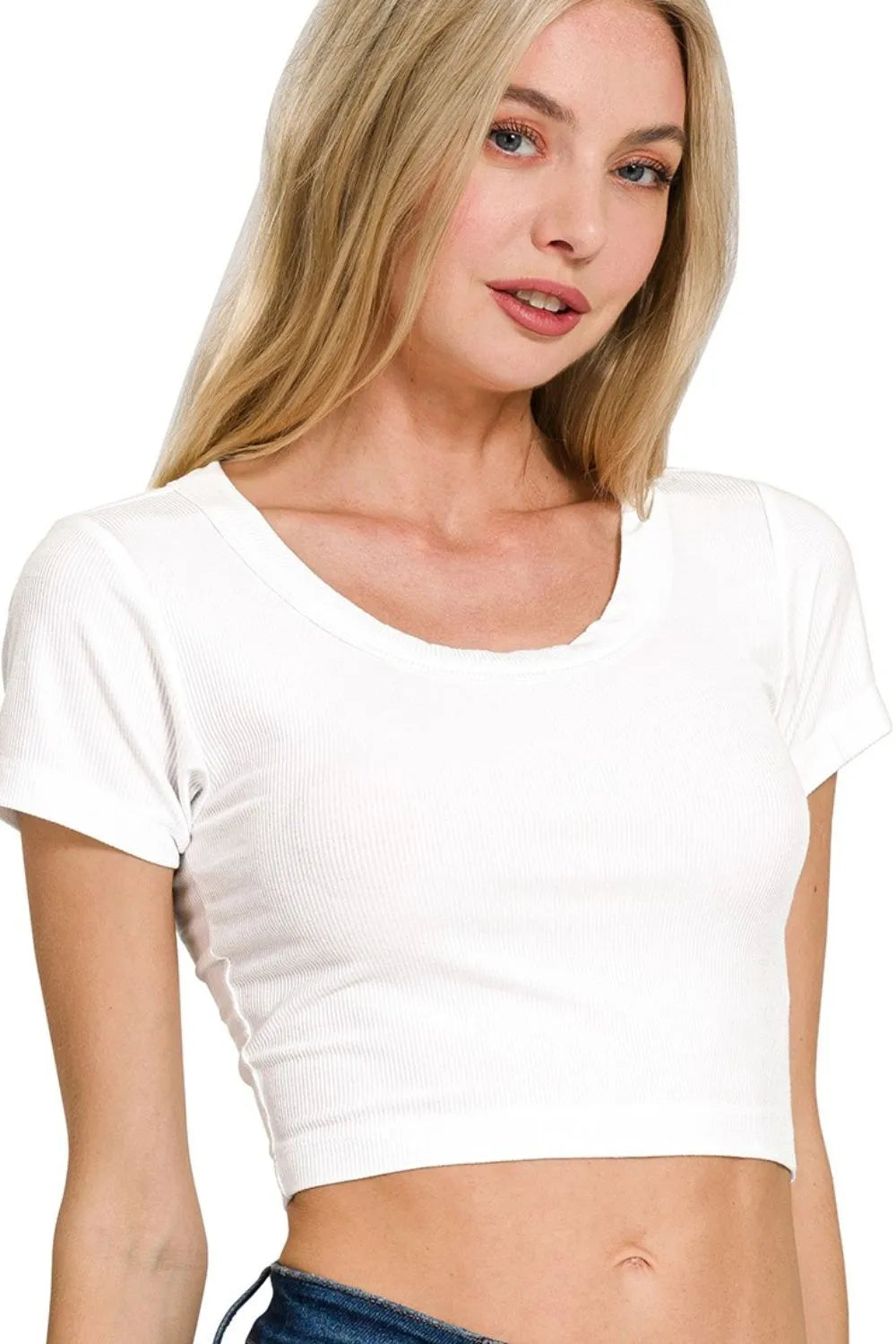 Short Sleeve White Crop Top, Ribbed Scoop Neck - In Style Chics Boutique Women's Juniors Clothes under $20