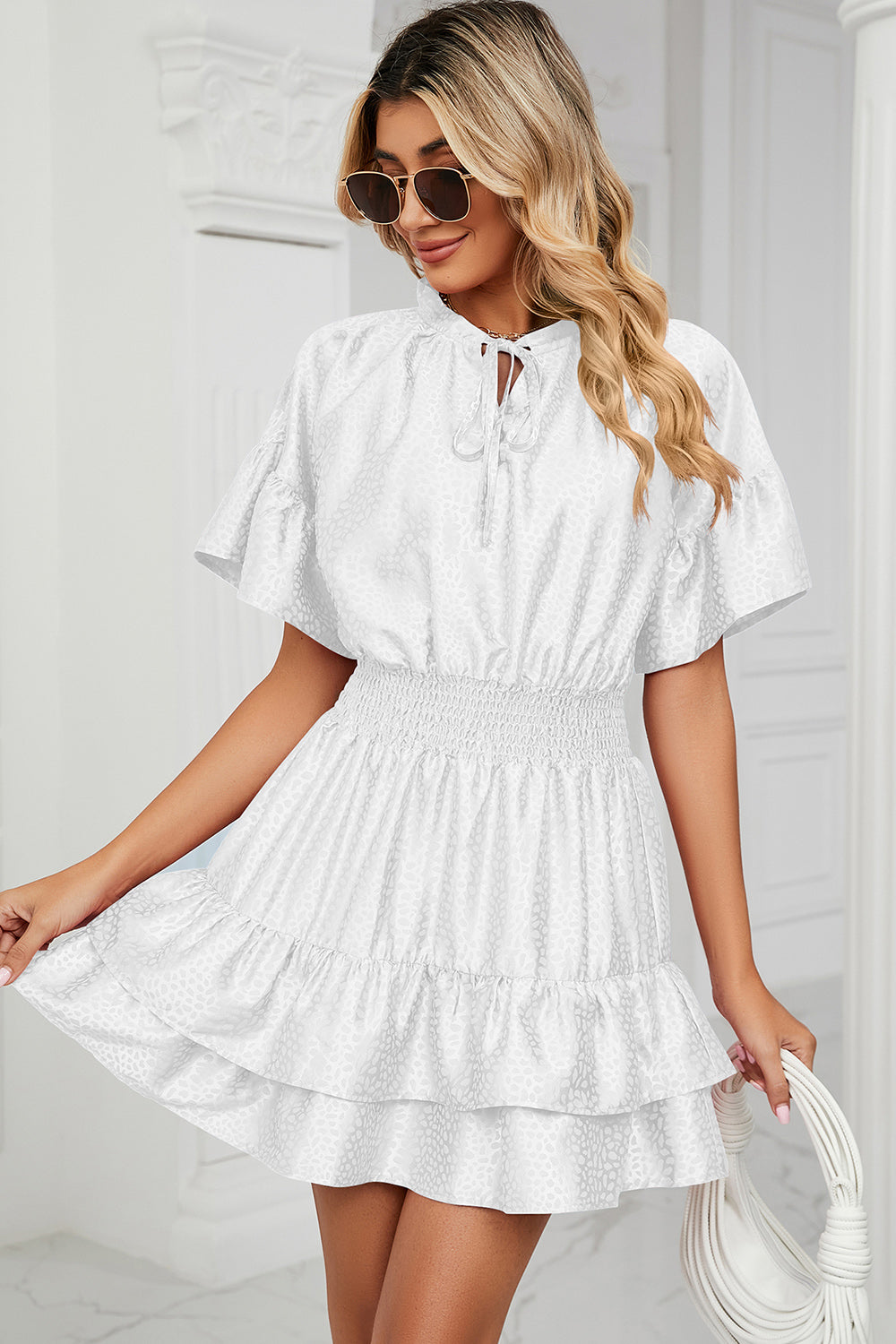 Smocked Tie Neck Flounce Sleeve Dress - In Style Chics Boutique LLC