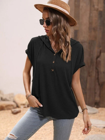 Half Button Hooded Short Sleeve Blouse - More Colors! - In Style Chics Boutique LLC