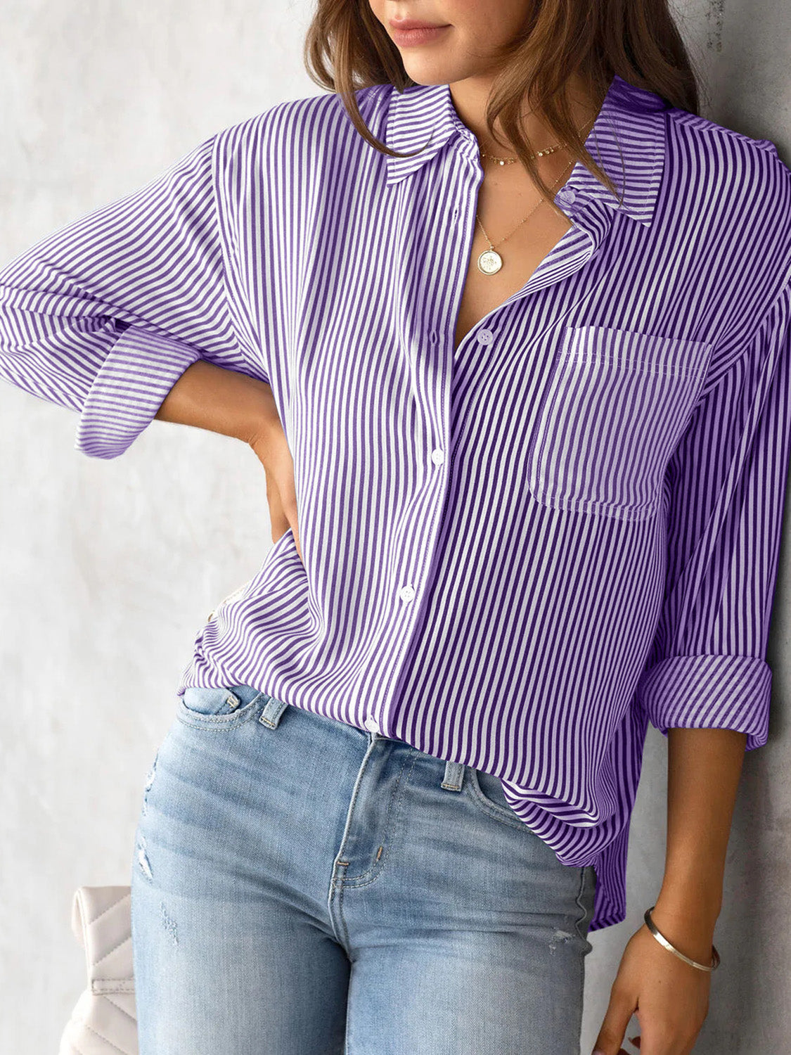 Striped Collared Neck Shirt with Pocket - In Style Chics Boutique LLC