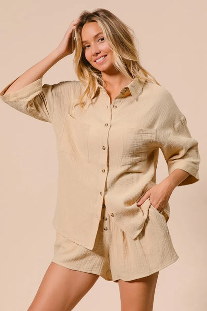 Crinkle Gauze Shirt and Short Set For Women - In Style Chics Boutique Women's Juniors Cute Clothes Online