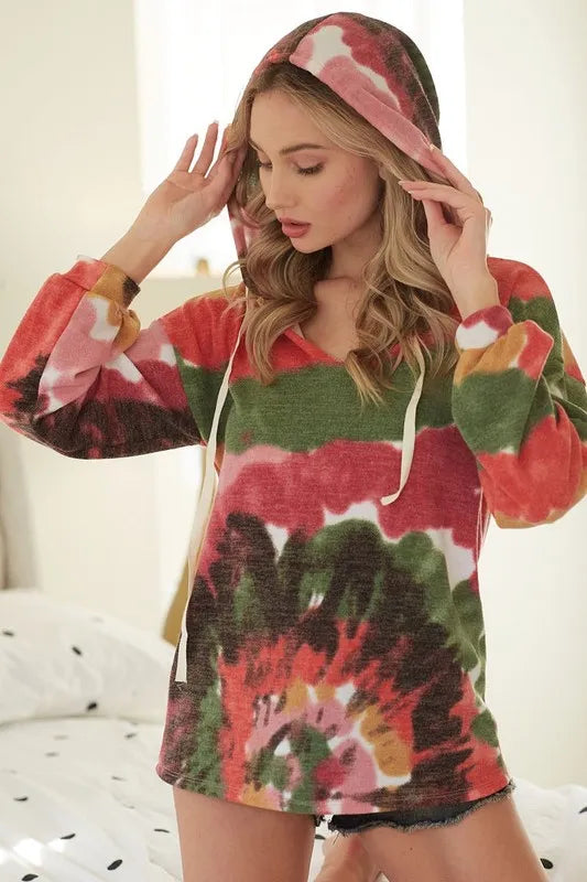 Tie Dye Knit Hoodie with Twill Tape at In Style Chics 