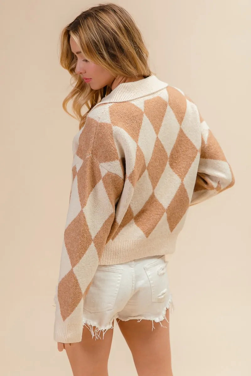 Diamond Pattern Collared Notch Neck Sweater at In Style Chics Boutique 