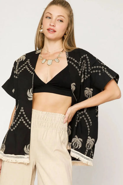 Open Front Kimono, Embroidered & Fringe 