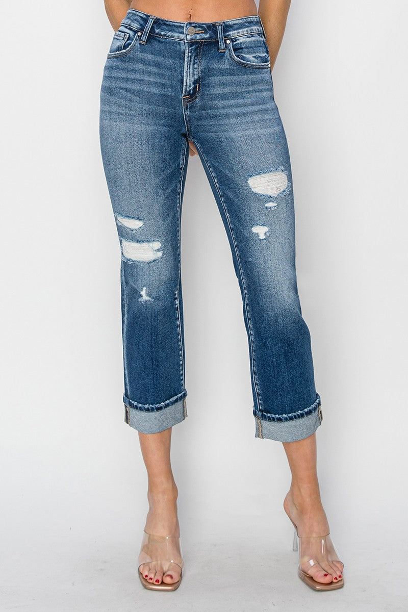 RISEN Full Size Cuffed Ankle Distressed Straight Jeans - In Style Chics Boutique LLC