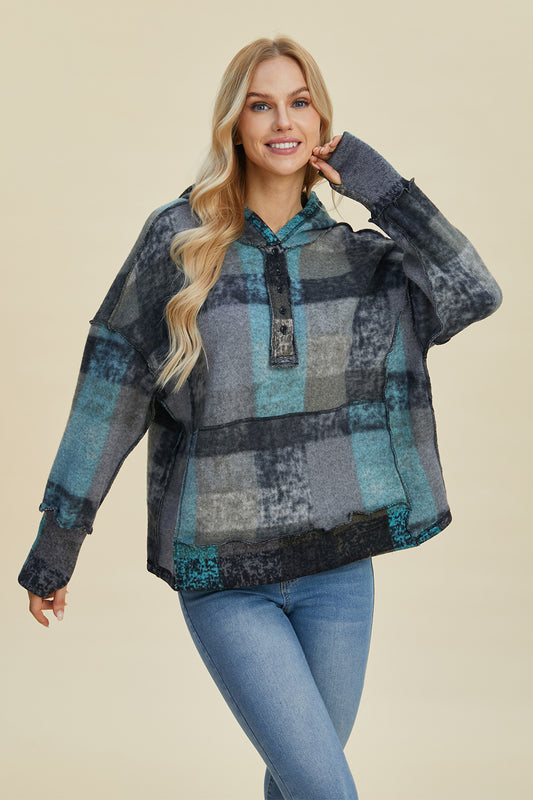 Double Take Full Size Plaid Dropped Shoulder Fleece Hoodie - In Style Chics Boutique LLC