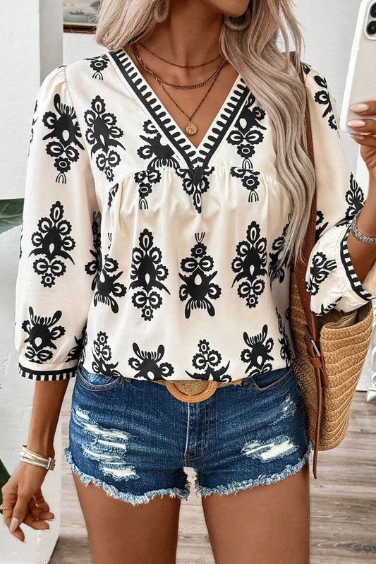 Printed V-Neck Three-Quarter Sleeve Blouse - In Style Chics Boutique LLC