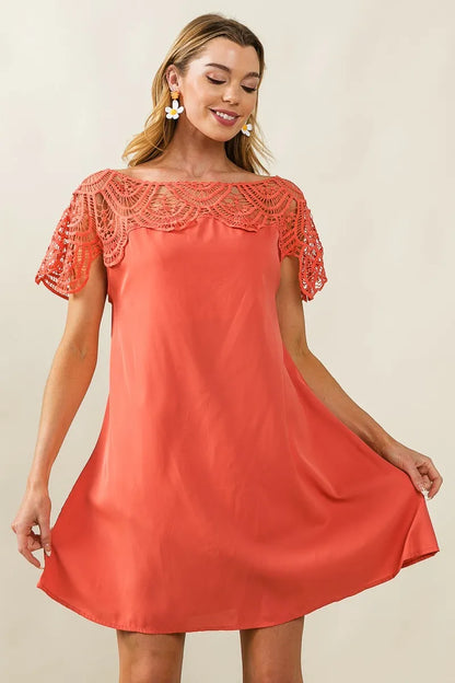 Crochet Lace Yoke Detailed Wrinkled Dress - In Style Chics Boutique Women's Juniors Clothes 