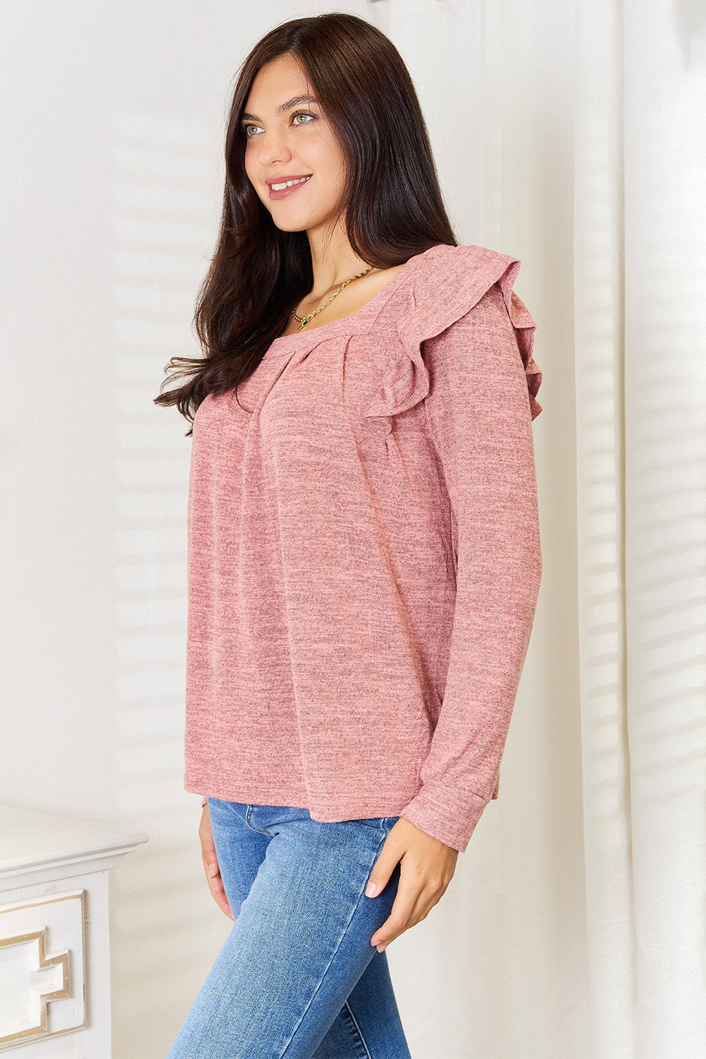 Square Neck Ruffle Shoulder Long Sleeve T-Shirt Shop Deals at In Style Chics Boutique 