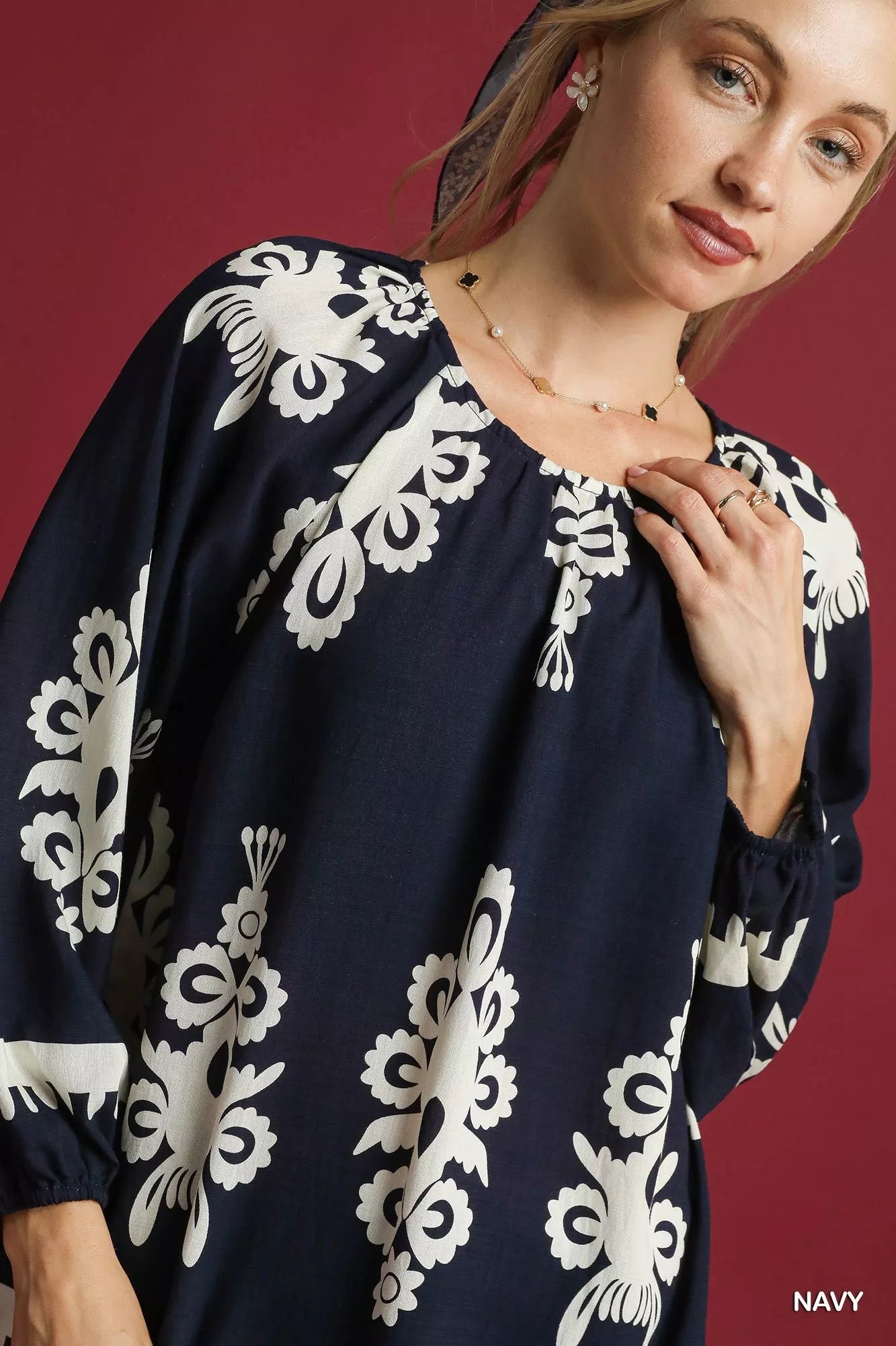 Two Tone Border Print Navy Top with Balloon Sleeves at In Style Chics Boutique
