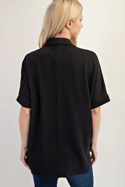 Rib Knit Collared Top with Striped Pockets - In Style Chics Boutique Women's Juniors Plus Size Cute Clothes Online 