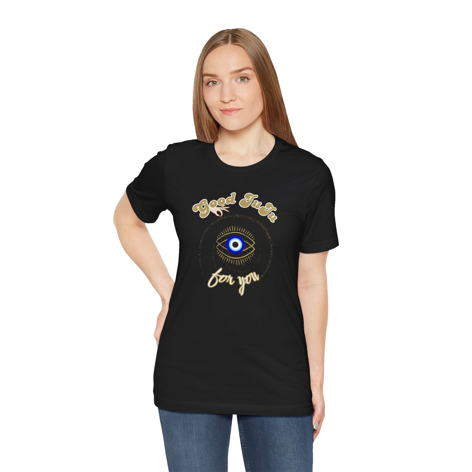 T-Shirt with Positive Message 'Good JuJu for you' and evil eye symbol, Shop Printed Tees at In Style Chics Boutique 