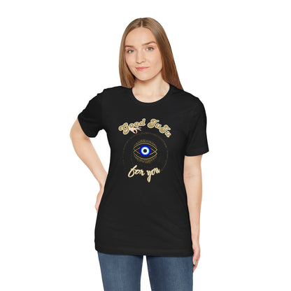 T-Shirt with Positive Message 'Good JuJu for you' and evil eye symbol, Shop Printed Tees at In Style Chics Boutique 