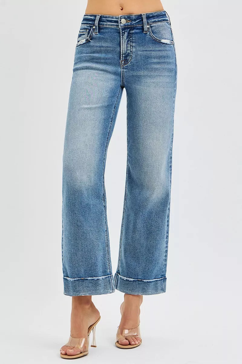 RISEN Mid Rise Crop Straight Jeans with Taylor Cuffed at In Style Chics Boutique 