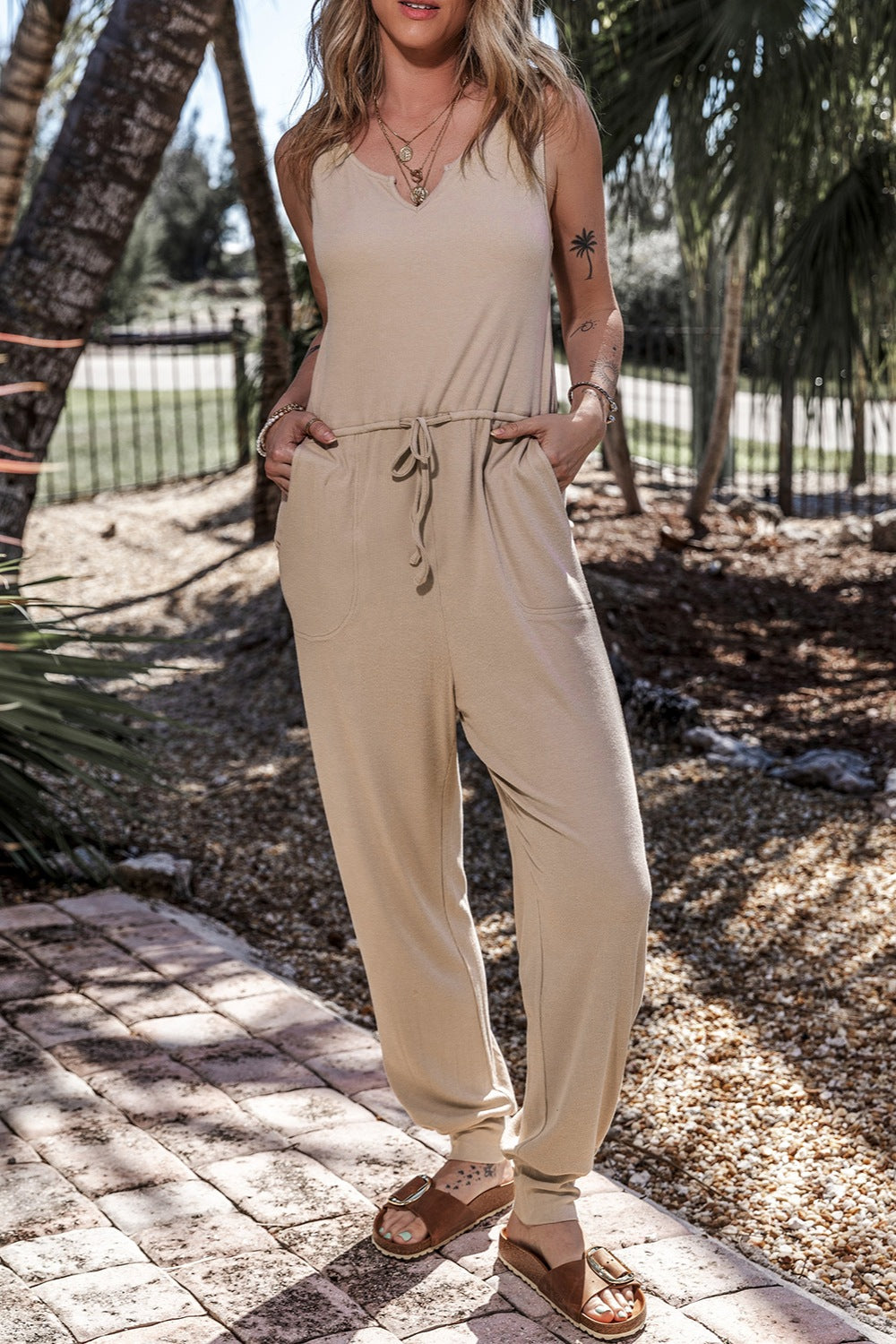 Drawstring Notched Wide Strap Jumpsuit - In Style Chics Boutique LLC