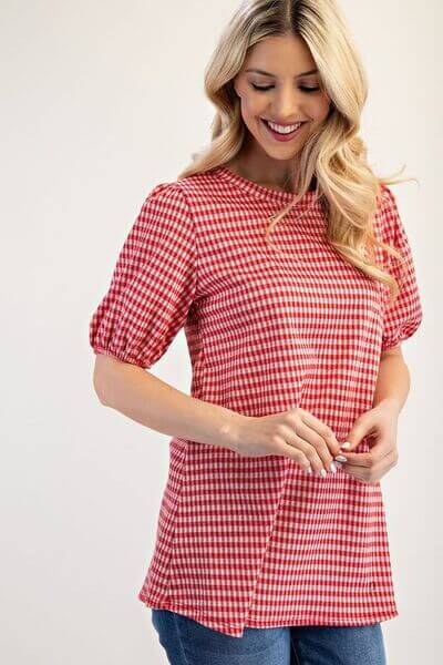 Women's Gingham Print Top With Puff Short Sleeves - In Style Chics Boutique