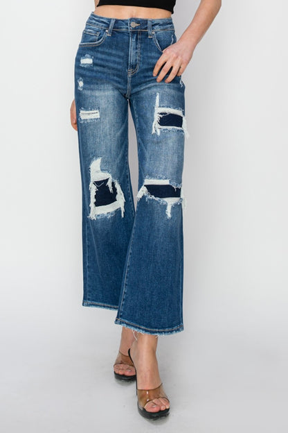 Risen Full Size High Rise Patch Detailed Wide Leg Crop Jeans - In Style Chics Boutique LLC