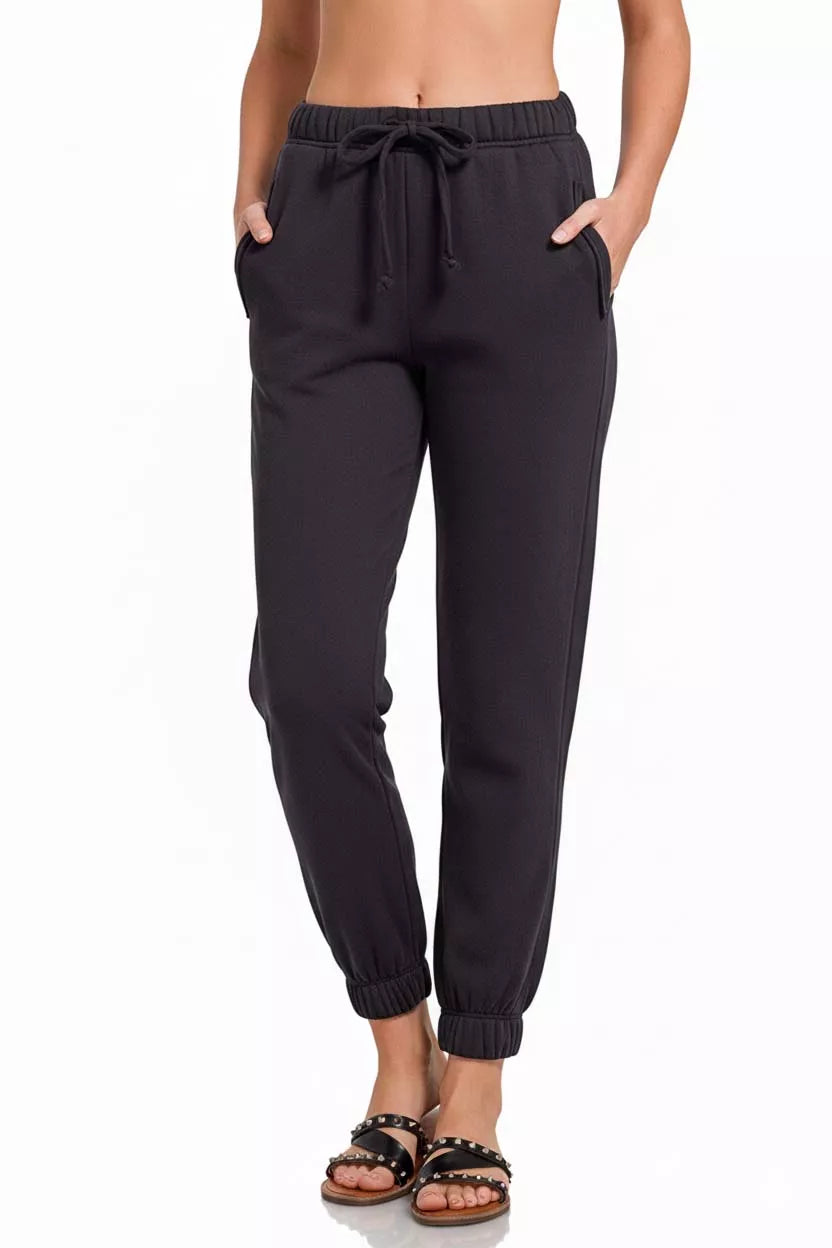 Zenana Fleece Drawstring Black Joggers With Pocket