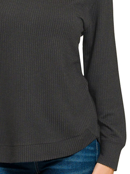 Long Sleeve Black Top, Raised Rib Round Neck  at In Style Chics Boutique 