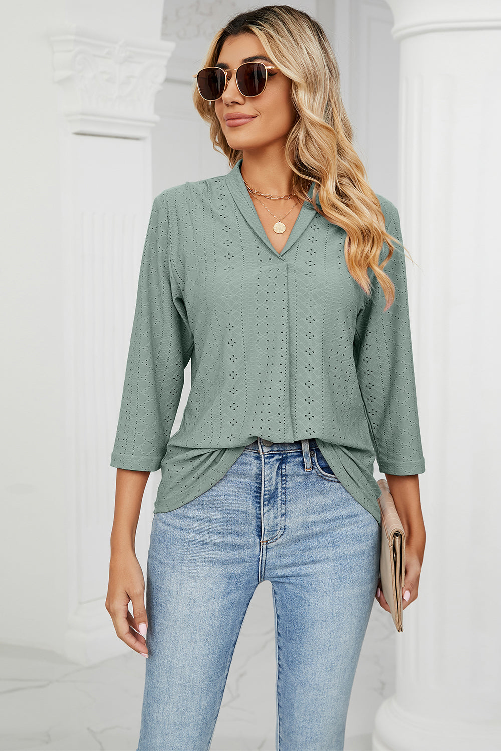 Eyelet Three-Quarter Sleeve Blouse - In Style Chics Boutique LLC