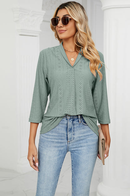 Eyelet Three-Quarter Sleeve Blouse - In Style Chics Boutique LLC