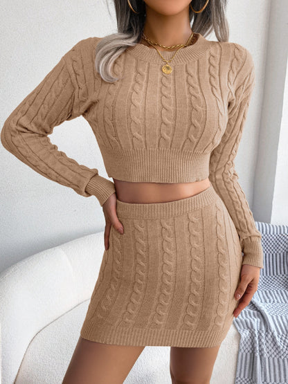 Cable-Knit Round Neck Top and Skirt Sweater Set - In Style Chics Boutique LLC