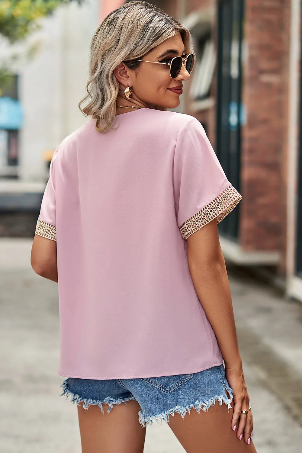 Openwork V-Neck Short Sleeve T-Shirt - In Style Chics Boutique 