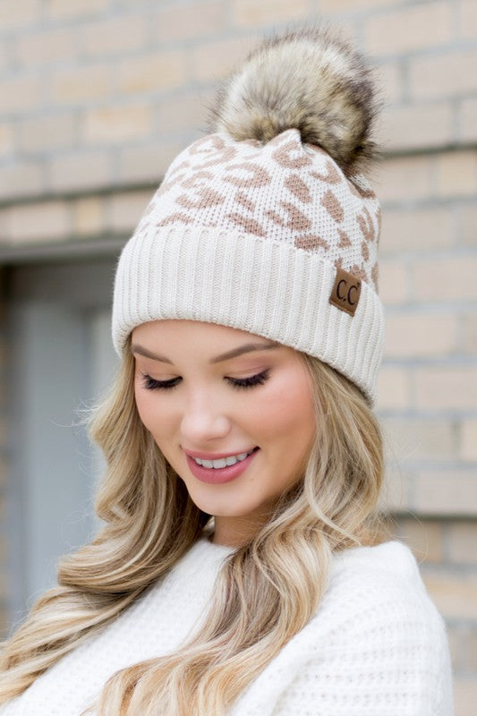 Leopard Fur Pom Beanie - In Style Chics Boutique LLC