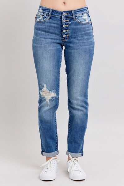 Women's Button Fly Distressed Jeans with Pockets - In Style Chics Boutique Women's Juniors Plus Size Online Clothing 