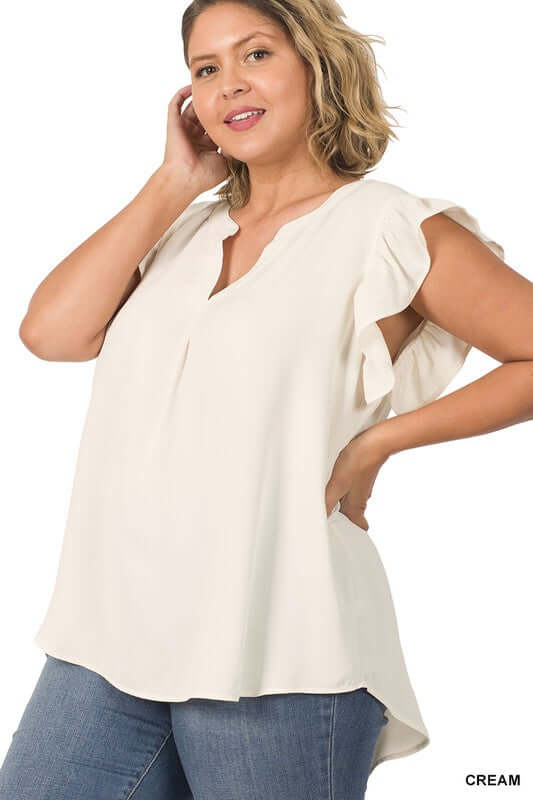 Plus Size High-Low Top, Woven Wool Ruffled Sleeve - In Style Chics Boutique 