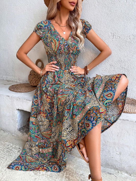 Smocked Printed Cap Sleeve Midi Dress - In Style Chics Boutique LLC