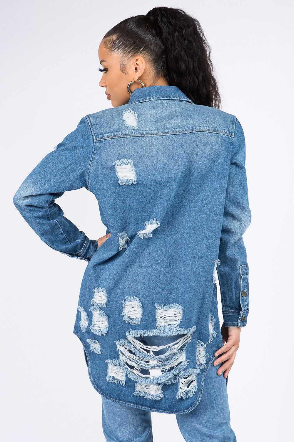 American Bazi Distressed Button Down Denim Shirt Jacket - In Style Chics Boutique LLC