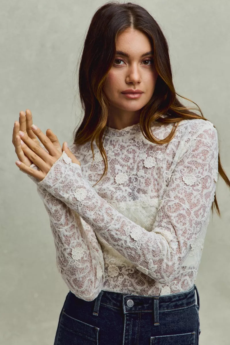Lace Long Sleeve 3d Effect Floral Layering Top in off white 