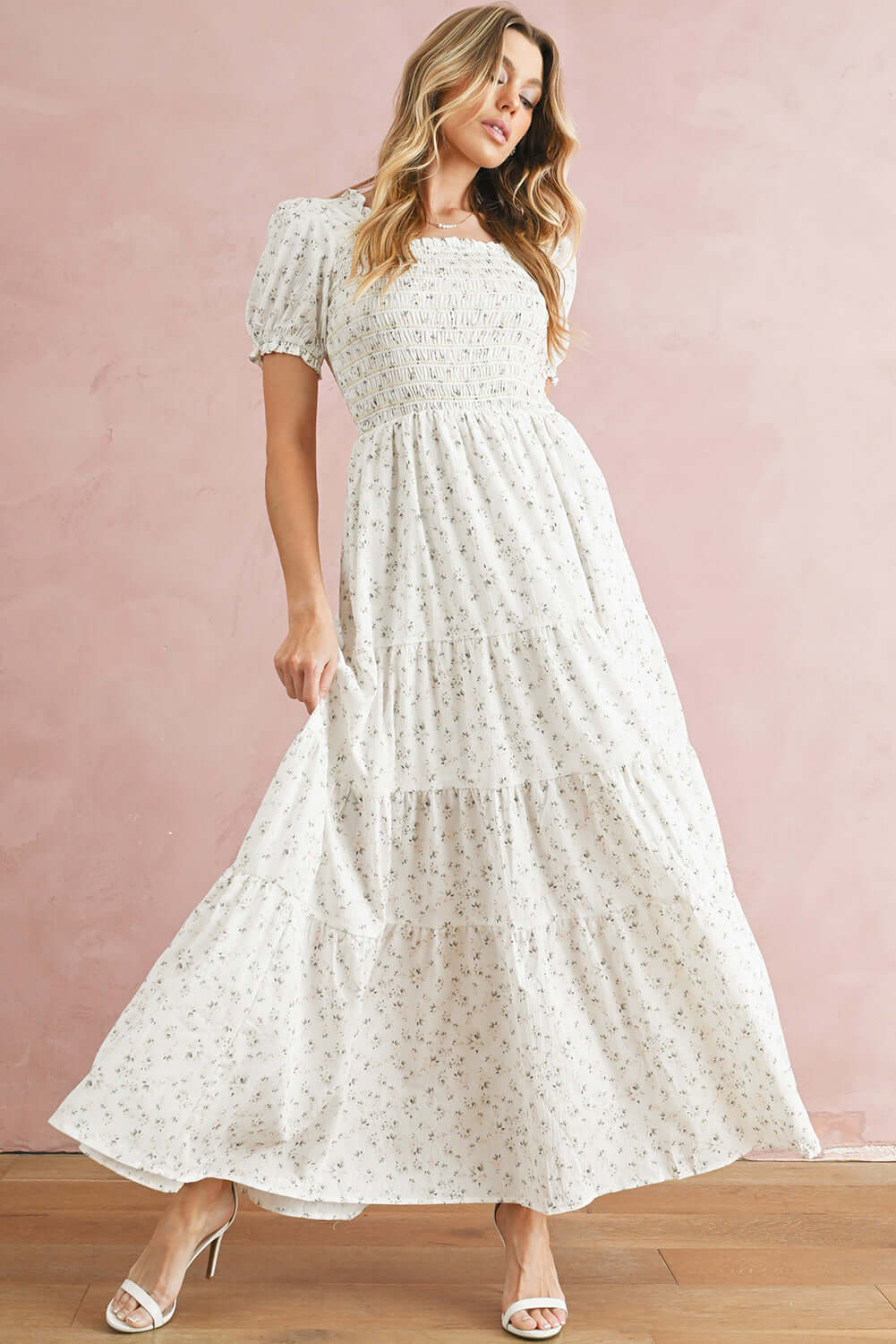 White Frill Neckline Shirred Bodice Floral Maxi Dress - In Style Chics Boutique Online Clothing Women's Juniors Apparel 