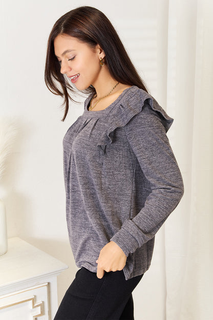 Square Neck Ruffle Shoulder Long Sleeve T-Shirt Shop Deals at In Style Chics Boutique 